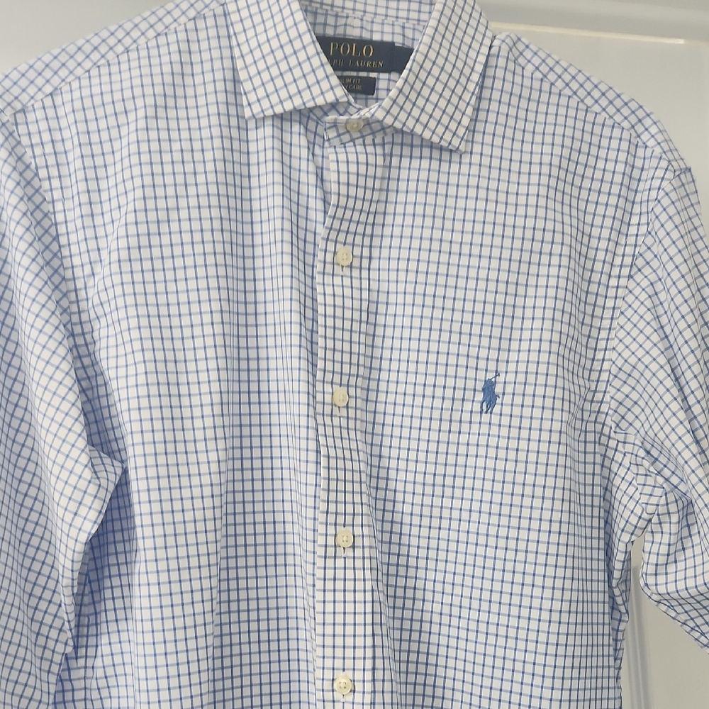 Polo by Ralph Lauren Blue and White Slim Fit Easy Care Dress Shirt